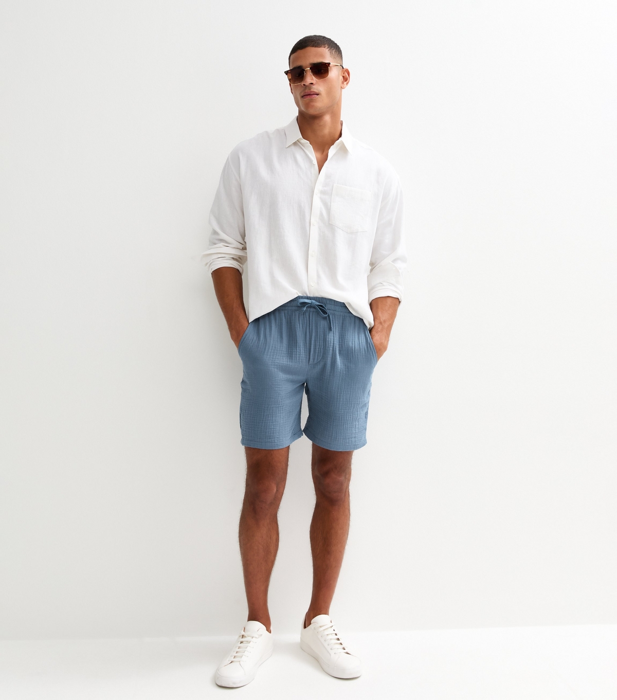 Men's Blue Textured Drawstring Waist Shorts Only and Sons New Look
