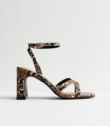 Brown Snake Print Faux Leather Block Heel Sandals New Look