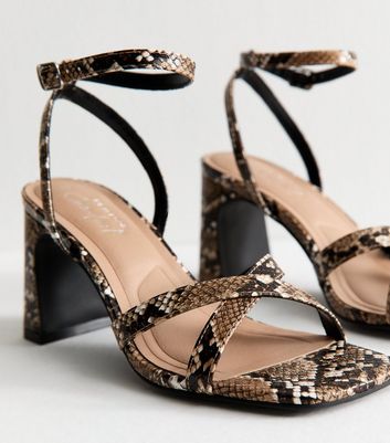 Brown Snake Print Faux Leather Block Heel Sandals New Look