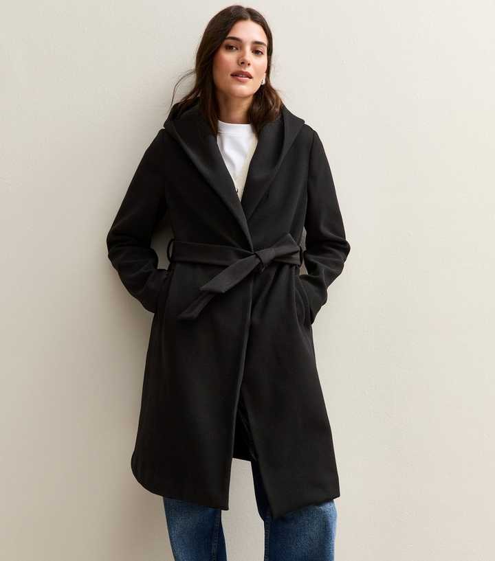 Black Unlined Hooded Wrap Coat