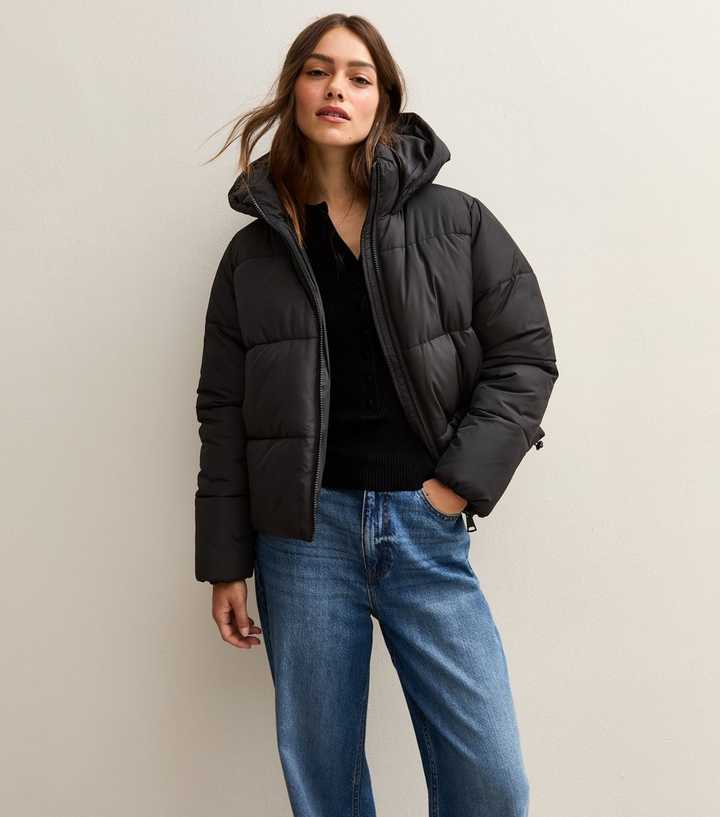 Petite Black Hooded Cropped Puffer Jacket