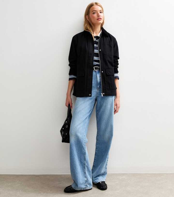Black Contrast Collar Midi Barn Jacket