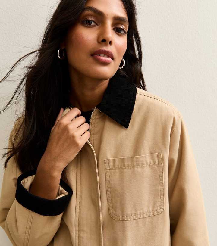 Stone Contrast Collar Midi Barn Jacket