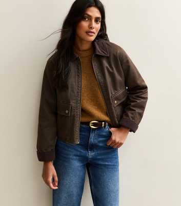 Brown Cropped Waxed Look Barn Jacket