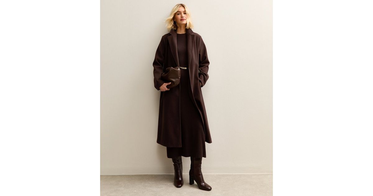 Dark Brown Unlined Longline Belted Coat | New Look