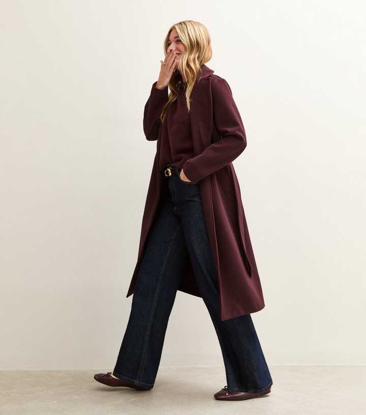 Burgundy Unlined Longline Belted Coat