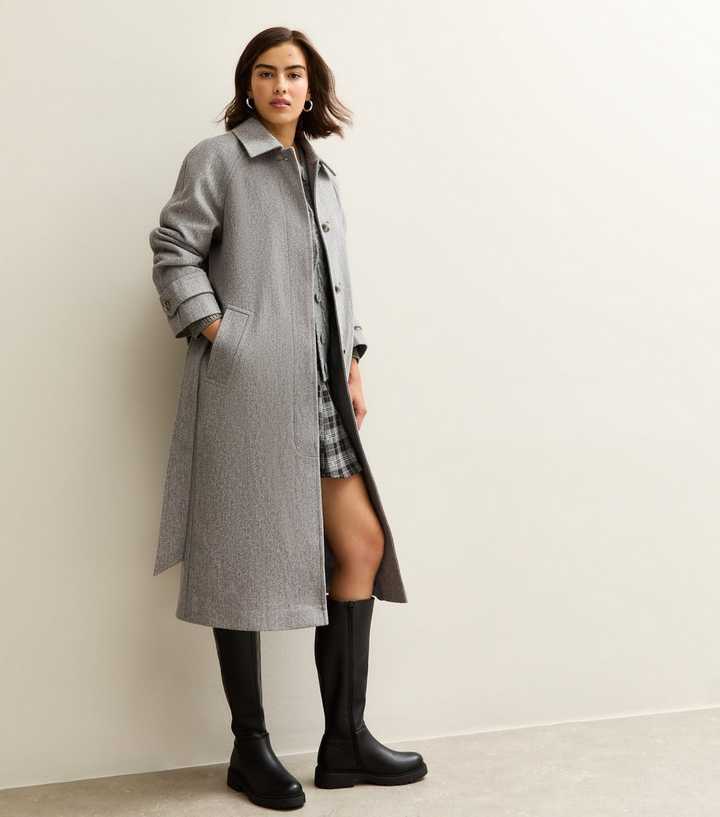 Grey Button Front Belted Midi Coat