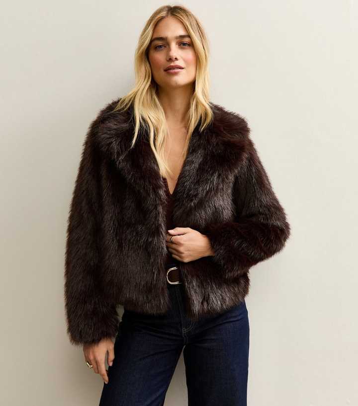 Dark Brown Faux Fur Coat | New Look