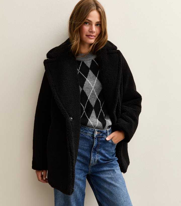 Black Collared Long Sleeve Borg Coat