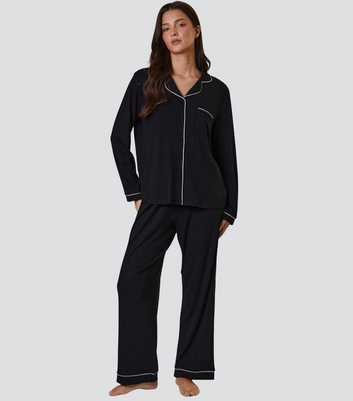 Loungeable Black Ribbed Shirt and Trousers Pyjama Set