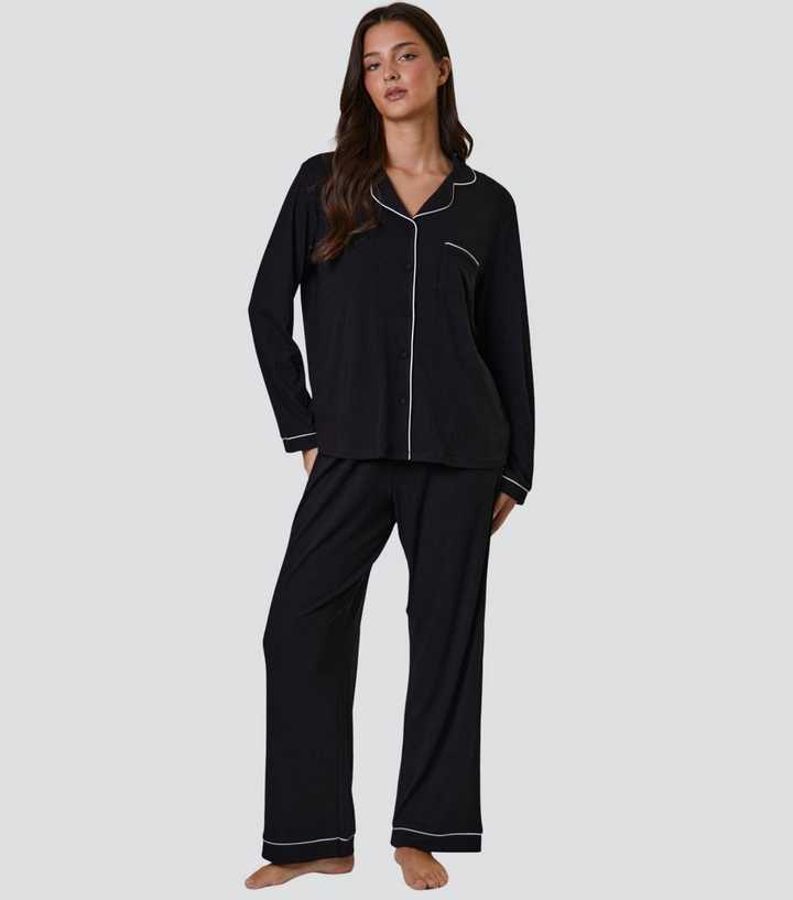 Loungeable Black Ribbed Shirt and Trousers Pyjama Set