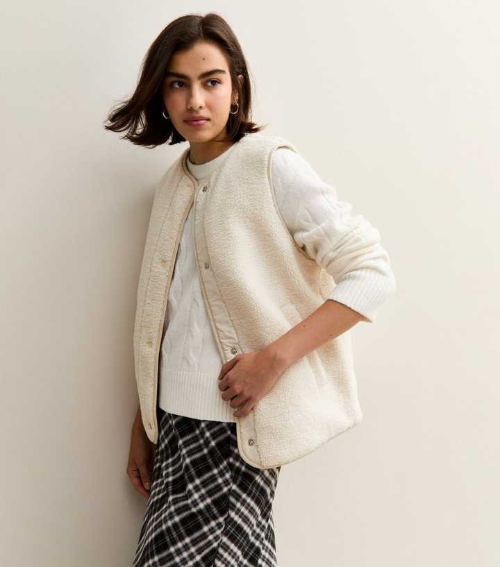 Cream Borg Collarless Gilet