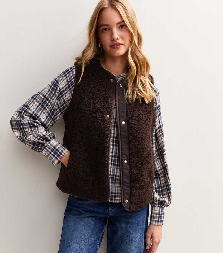 Dark Brown Borg Collarless Gilet