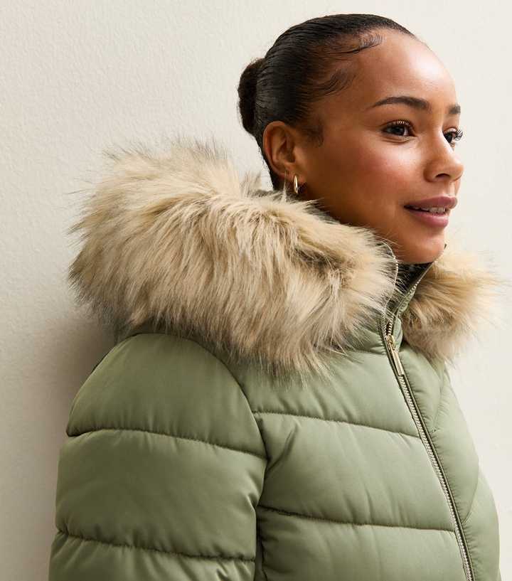 Petite Green Faux Fur Trimmed Water Resistant Padded Puffer Jacket