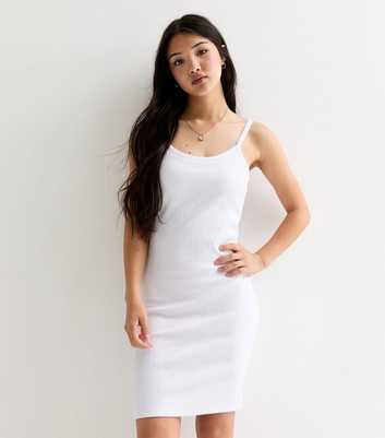 Girls White Scoop Neck Shirred Dress