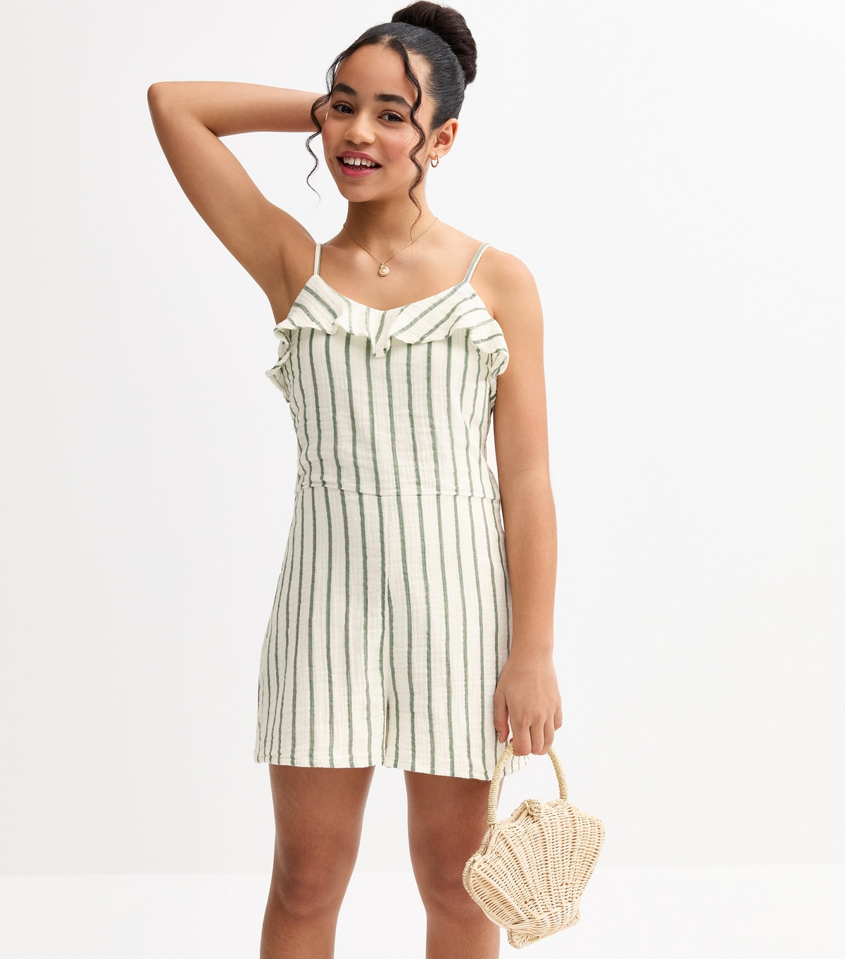 Girls' Green Embroidered Cotton Stripe Print Playsuit New Look