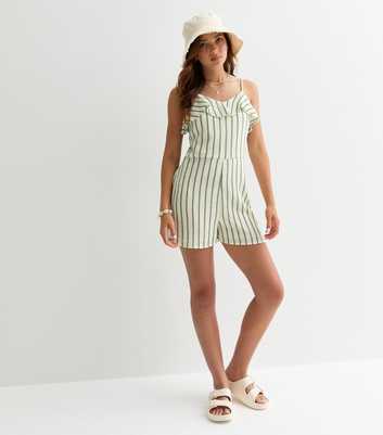 Girls Green Embroidered Cotton Stripe Print Playsuit