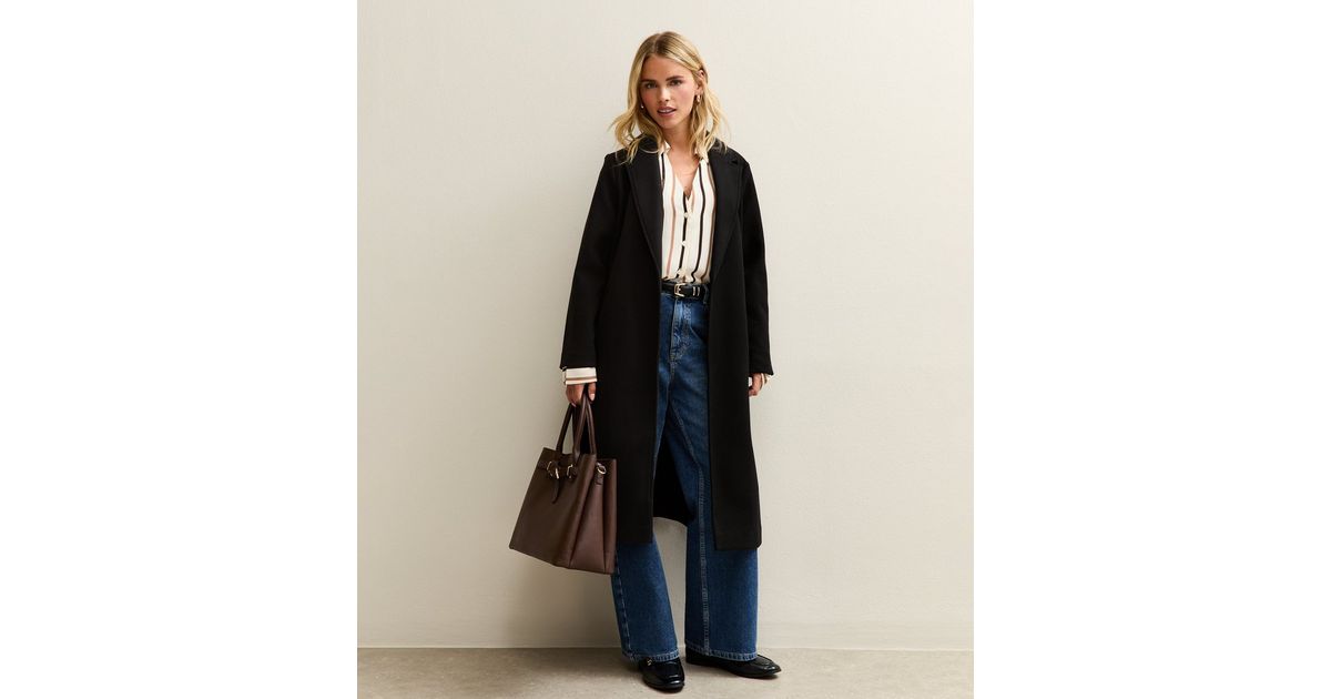 Petite Black Open Front Longline Belted Coat New Look