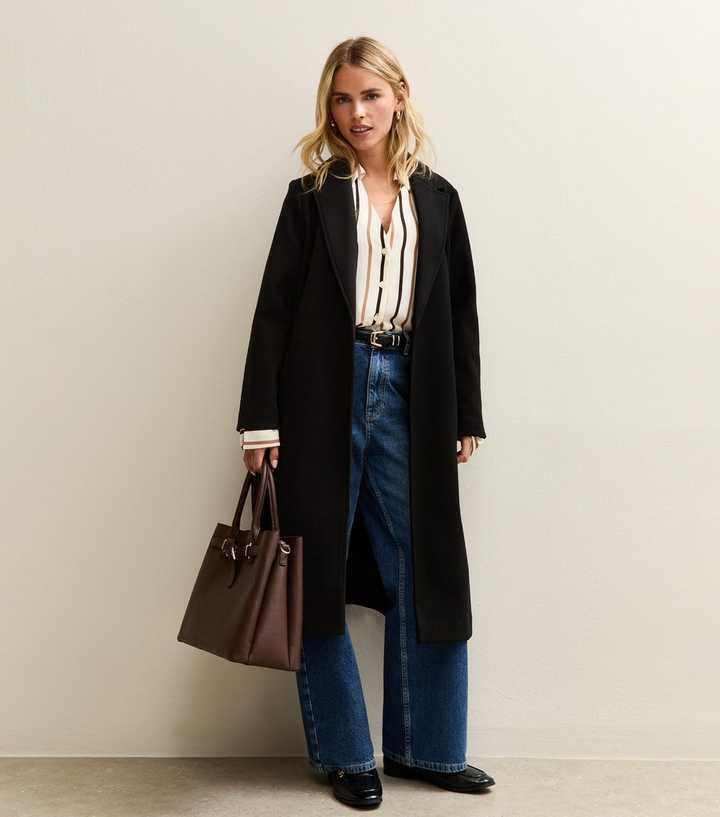 Petite Black Open Front Longline Belted Coat