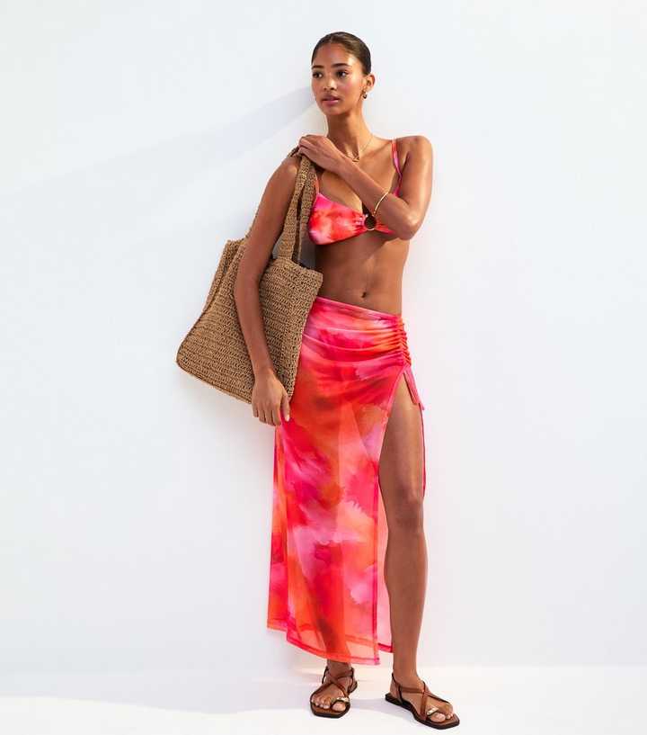 Pink Ombre Print Ruched Side Hem Slit Maxi Beach Skirt