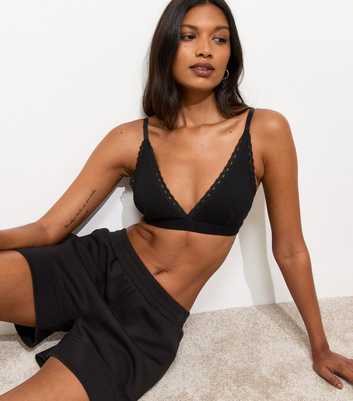 Black Ribbed Lace Trimmed Bralette