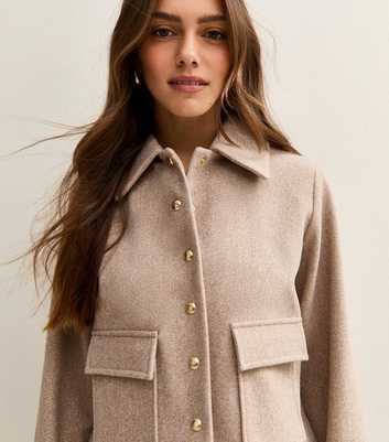 Petite Oatmeal Flap Pocket Button Front Shacket