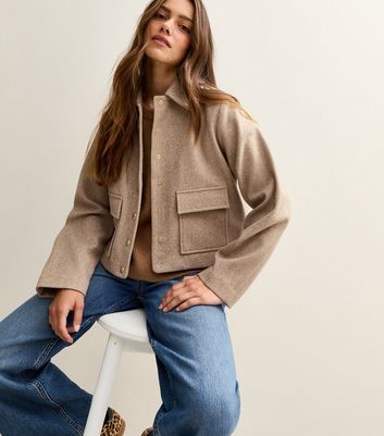 Denim Oatmeal Shacket Petite Oatmeal Flap Pocket Button Front Shacket