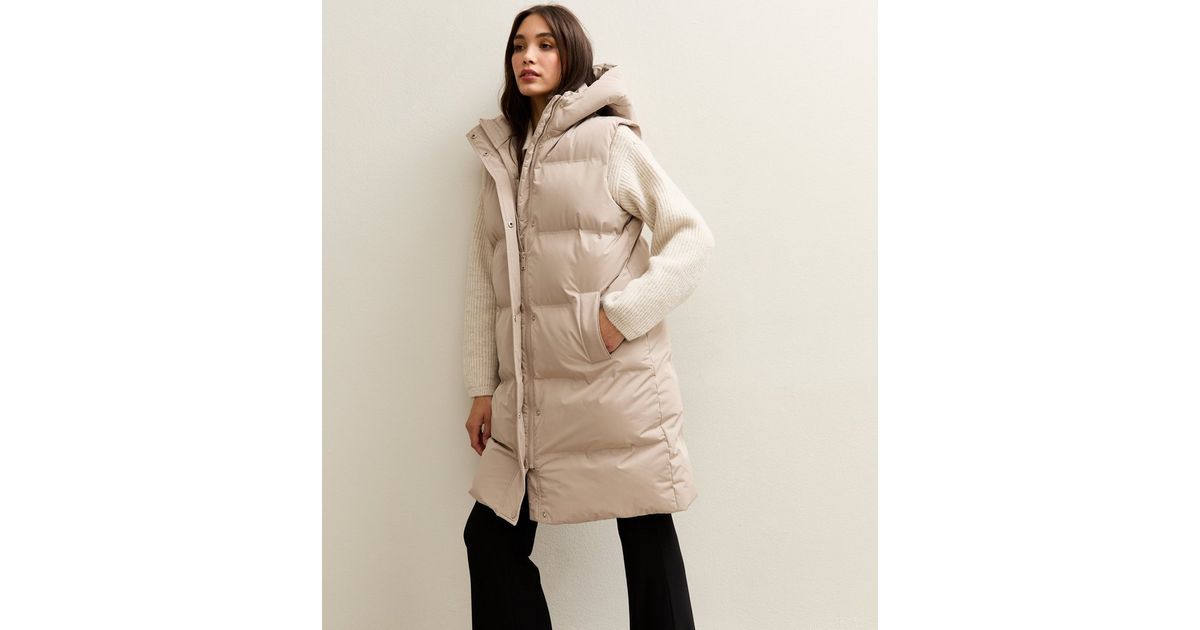 Stone Padded Tiered Midi Gilet New Look