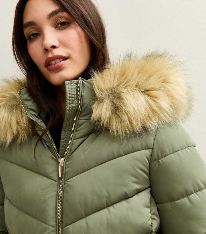 Khaki Hooded Faux Fur Trim Padded Jacket