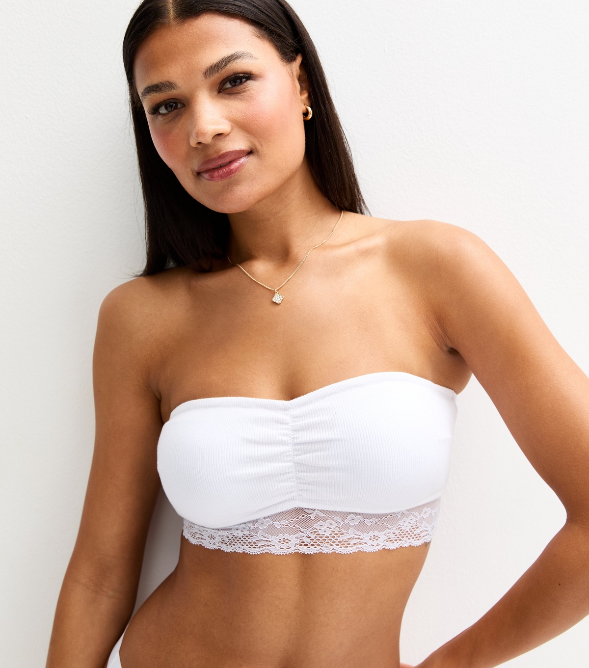 Women's White Ribbed Jersey Lace Trim Bandeau New Look