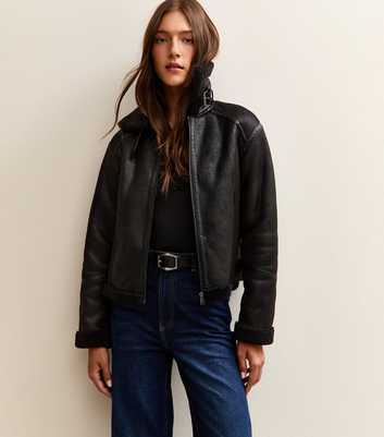 Black Faux Suede Cropped Aviator Jacket
