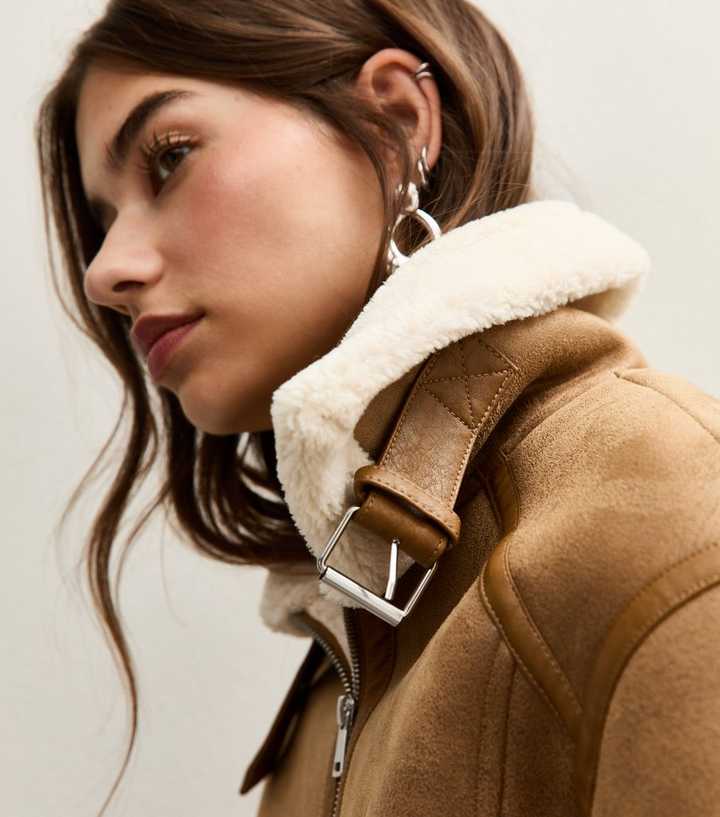 Tan Faux Suede Cropped Aviator Jacket