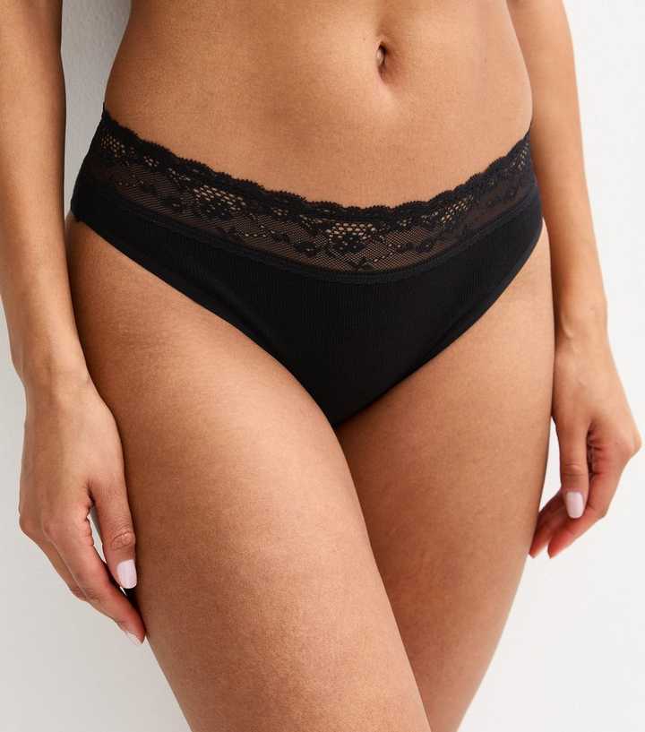 Black Ribbed Cotton Lace Trim Brazilian Briefs