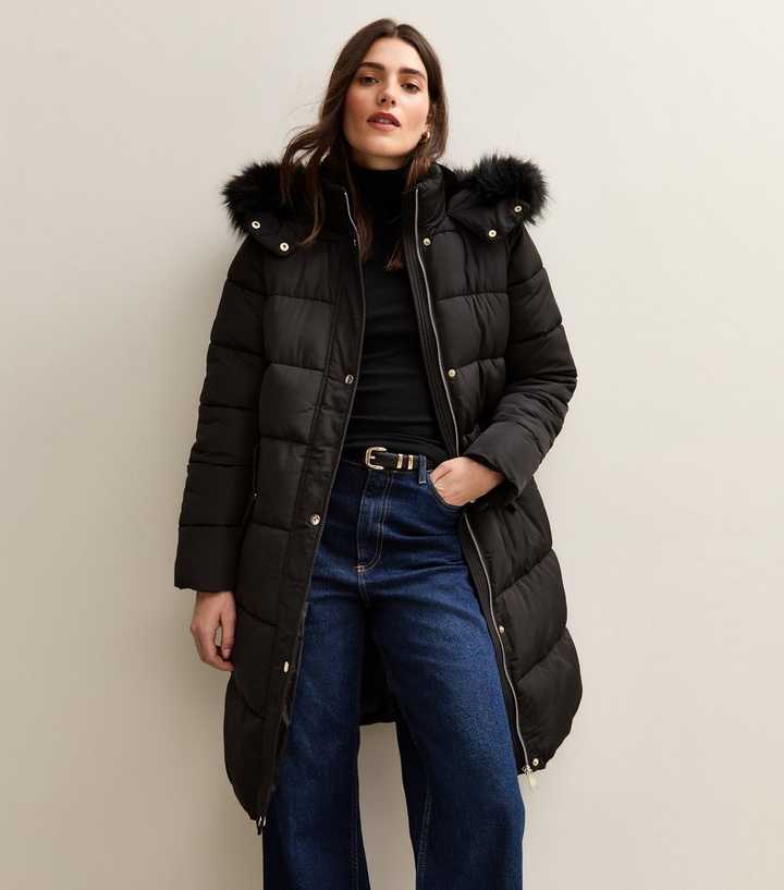 Black Faux Fur Hood Longline Puffer Coat