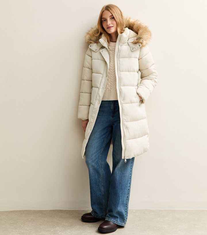 Off White Faux Fur Hood Longline Puffer Coat