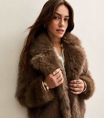 Petite Brown Faux Fur Jacket New Look