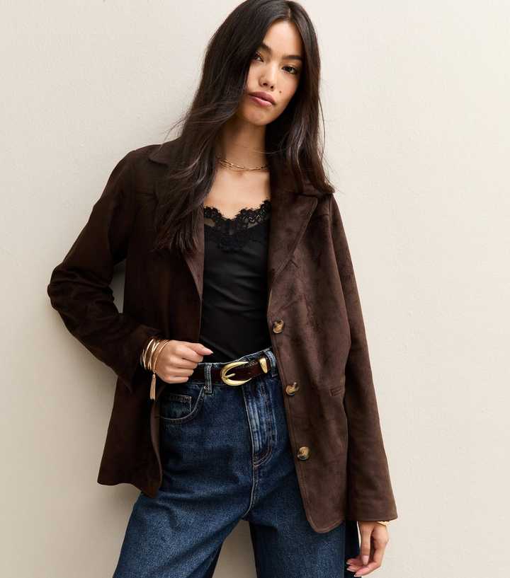 Dark Brown Faux Suede Button Through Jacket