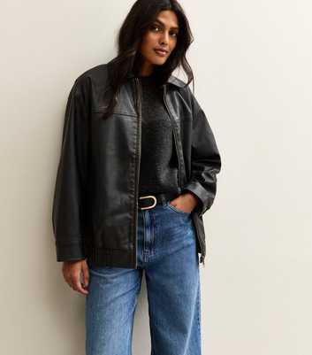 Black Oversized Washed Faux Leather Jacket