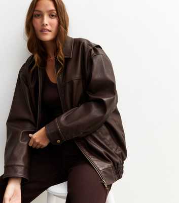 Dark Brown Oversized Washed Faux Leather Jacket