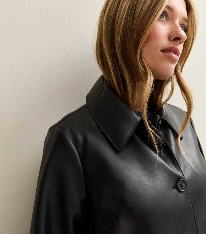 Black Faux Leather Button Through Patch Pocket Jacket