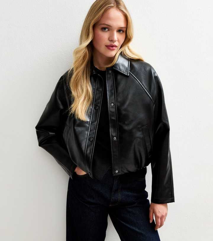 Black Bubble Hem Faux Leather Jacket