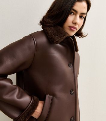 Dark Brown Faux Leather Borg Trim Jacket New Look