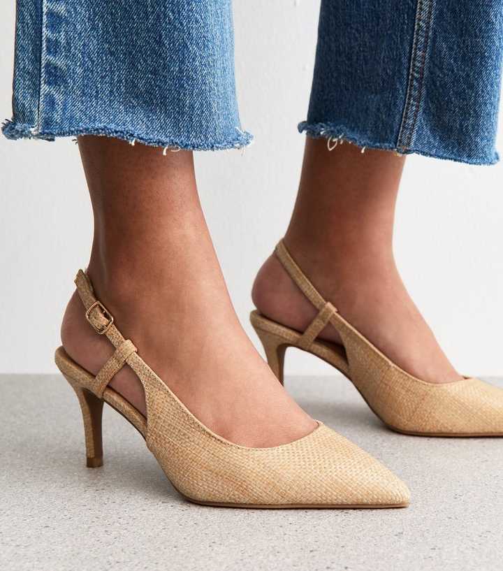 Wide Fit Camel Raffia Look Slingback Court Shoes