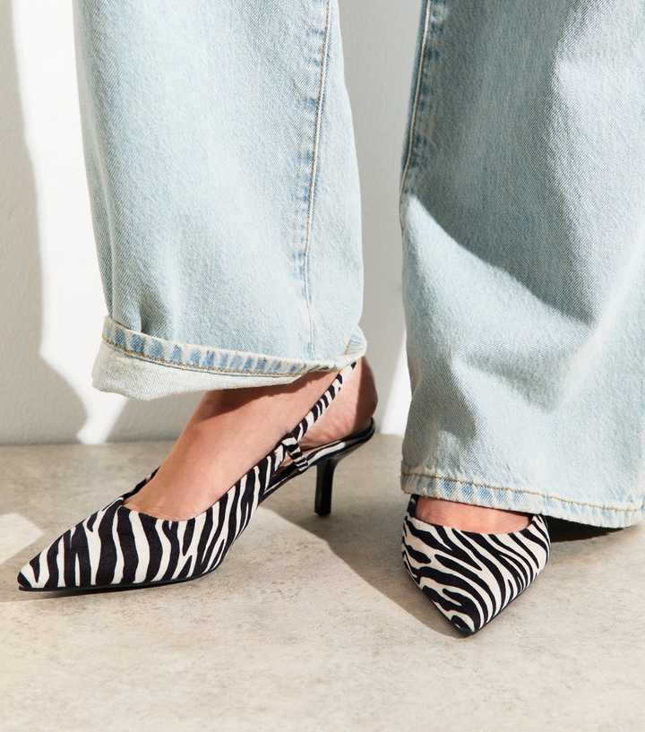 Black Zebra Patterned Kitten Heel Slingback Court Shoes