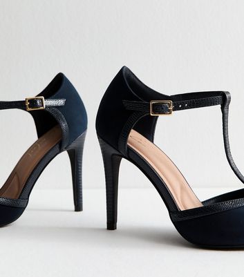Wide Fit Navy Suedette T-Bar Court Shoes