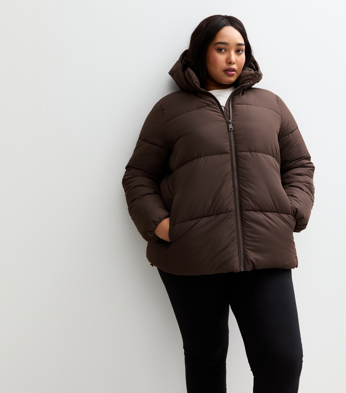 Women's Plus Size Dark Brown Cropped Puffer Jacket Curves New Look