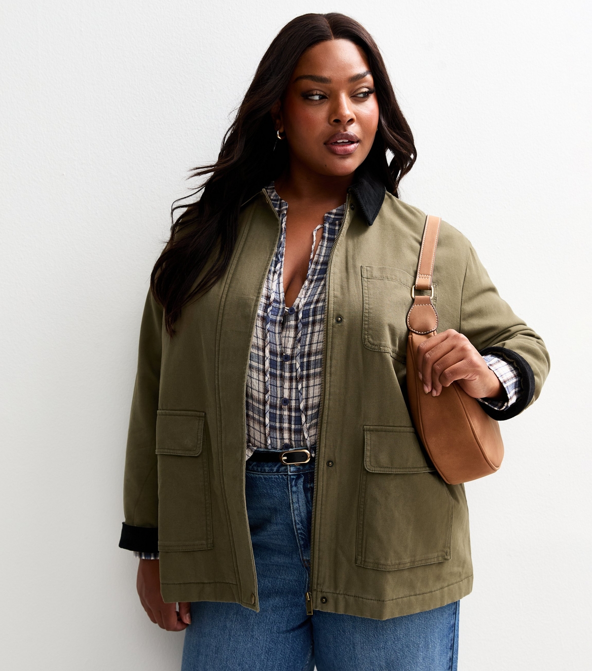 Women's Plus Size Khaki Flap Pocket Barn Jacket Curves New Look