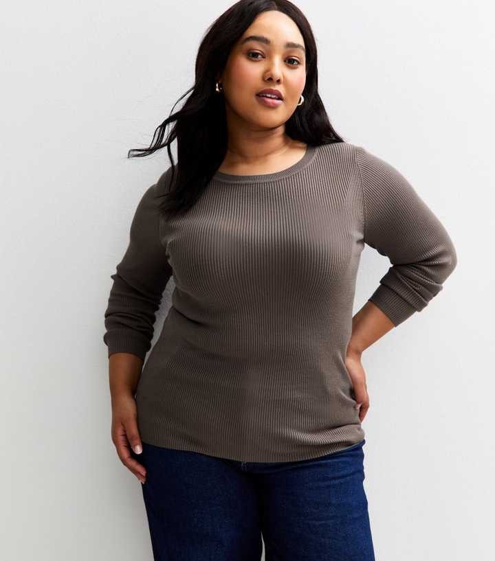 Curves Mink Ribbed Knit Crew Neck Jumper