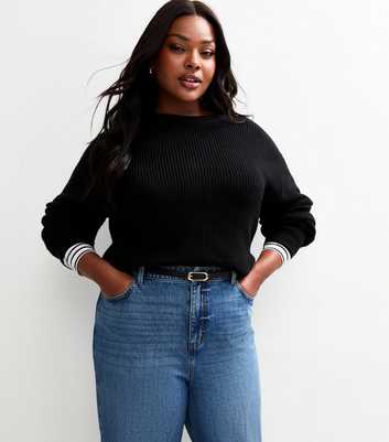 Curves Black Ribbed Knit Jumper