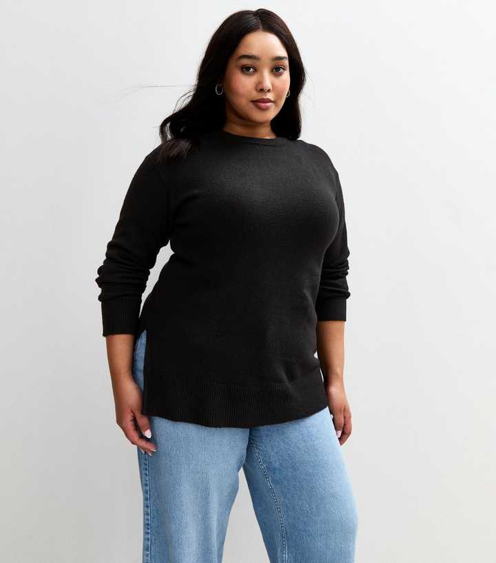 Curves Black Crew Neck Split Hem Jumper